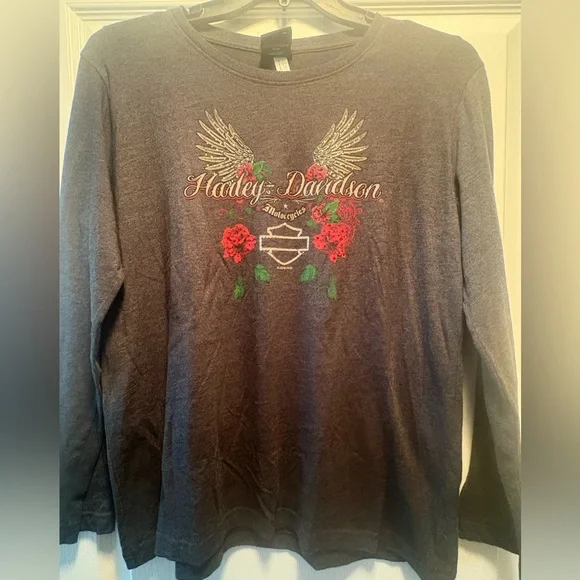Harley-Davidson Women's Roses & Bling Long Sleeve Shirt, Vintage Black /Gray - Picture 1 of 5